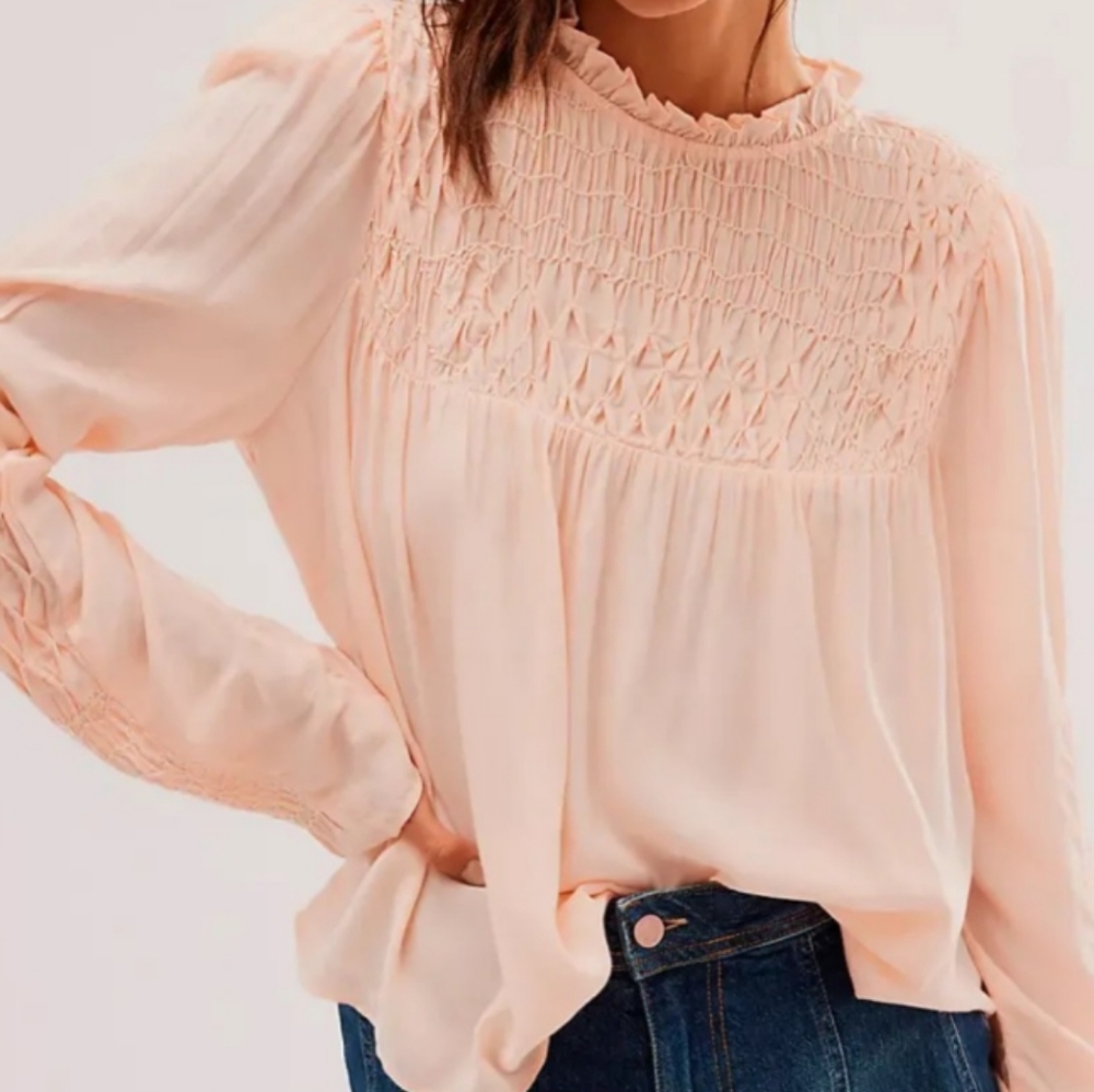 🫶🏻 Free People Smocked in Time High Neck Ruffled Button Back Blouse NWOT